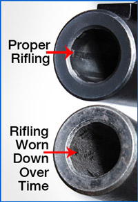 two muzzleloaders showing rifling worn by ramrod use WITHOUT a bore guide